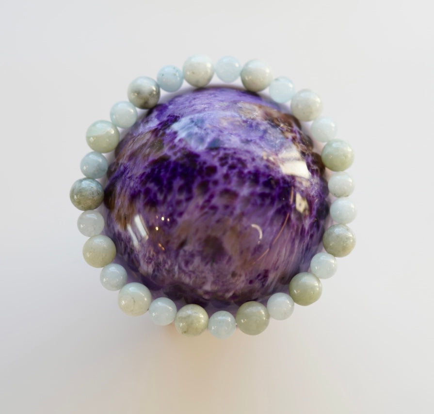 Crystal bracelet - size M/L - Aquamarine / Green Burmese Jade