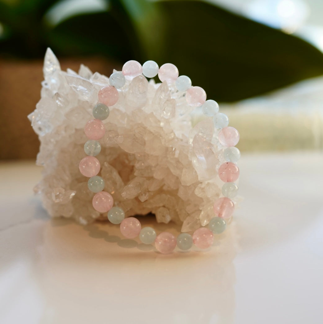Crystal bracelet - size M/L - Aquamarine / Rose Quartz